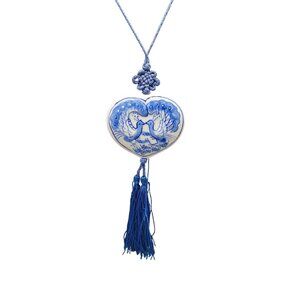 Flow Blue Peacock Love Ceramic Heart Pendant Necklace Vintage 26" Cord & Tassel